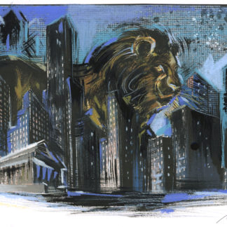 Illustration originale reprenant la 4ème de couverture "L'Homme à la tête de Lion"